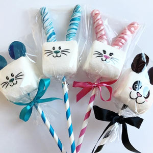 Critter Pops marshmallows decorated with lollipop ears. Choose from pink or blue Easter bunny, Mouse, or Panda Bear favors