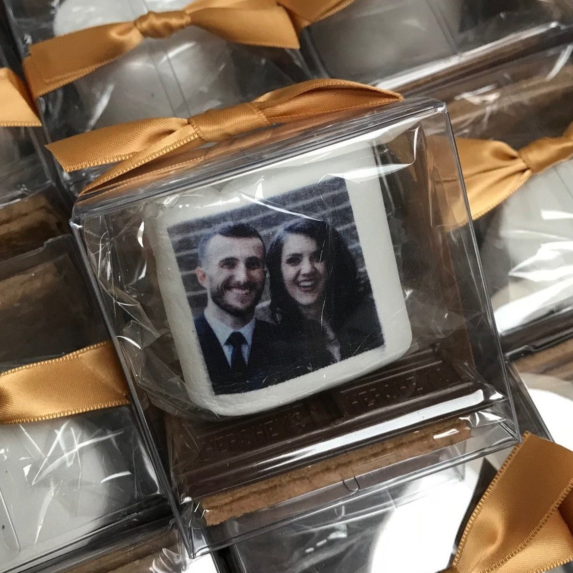 Smore kit wedding favor with couples photograph printed on the marshmallow